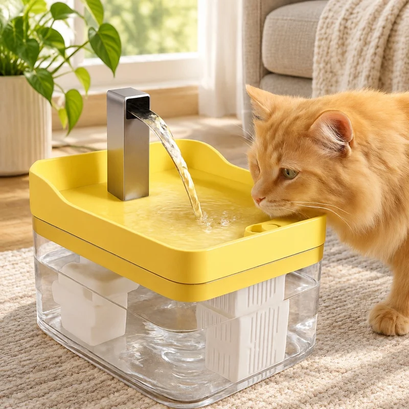 Fontaine à eau transparente pour animaux de compagnie avec pompe de circulation, filtre autonettoyant et sécurité contre la surchauffe pour chats