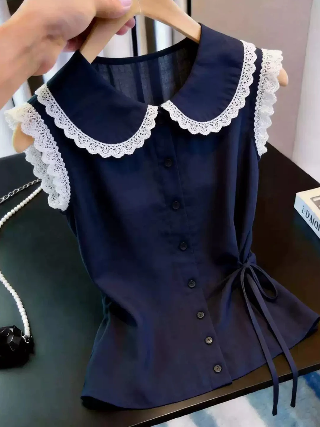 

Korean Style Lace Splice Doll Collar Anti-Aging Shirt Summer Belt Slimming Fashionable Top Versatile Women's Blouse