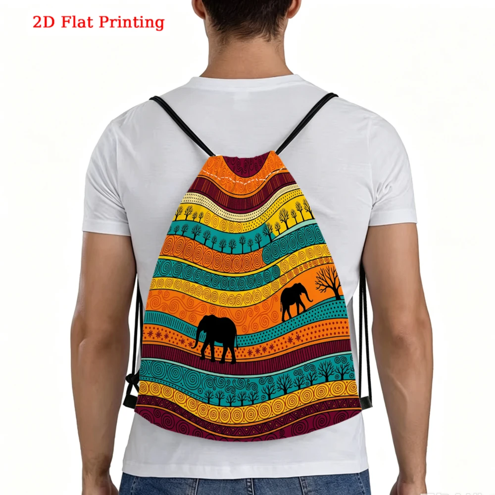 Colorful Stripes Elephant Silhouette Drawstring Backpack, Travel Shoe Bag, Fitness Sports Backpack
