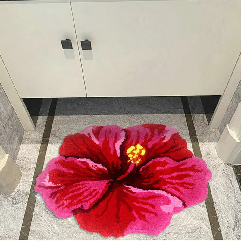 Red Hibiscus Soft Tufting Carpet Irregular Plush Rug Bathroom Floor Mat Home Living Room Bedroom Decor Carpet Wholesales