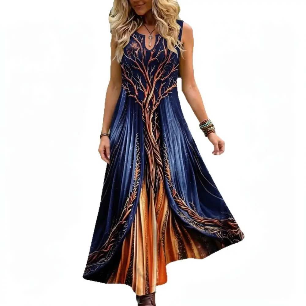 Elegant Women Sleeveless Maxi Dress Geometric Print Slim Fit Summer Daily Casual Vacation Fashion Long Clothing Style