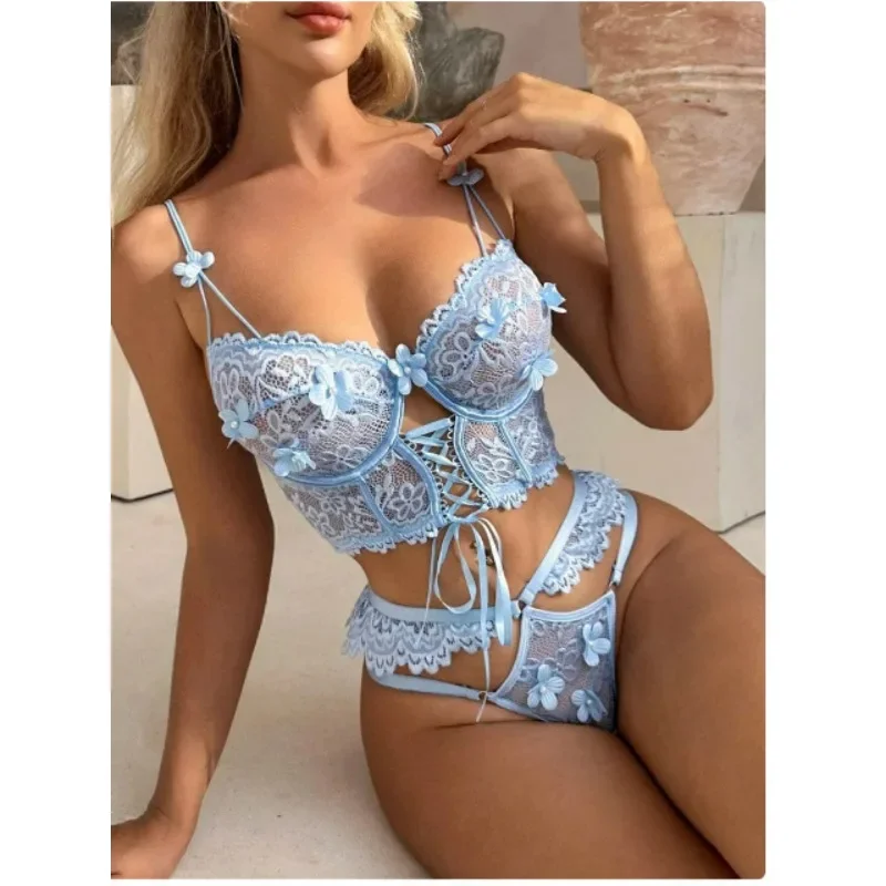 

Sexy Lingerie Strap Underwire Lace Bra For Women Sexy Beaded 3D Flower Hollow Out See-through Lace Up Underwear Set