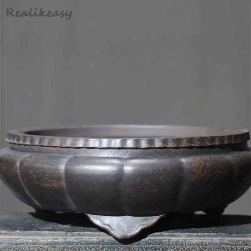 Home Lotus shaped Bonsai Pot Chinese Zen Retro Desktop Breathable Decorative Bonsai Pot Purple Sand Flower Pot With Holes LF283