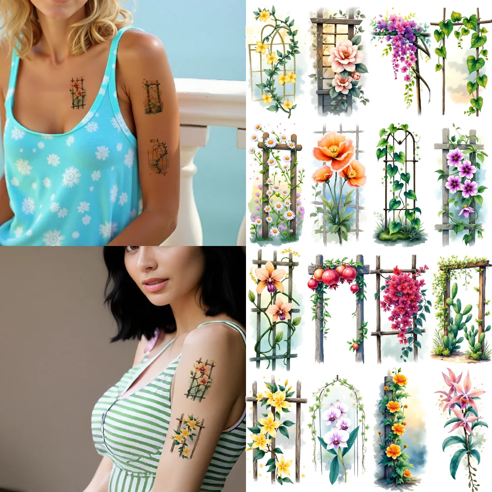 

9 шт., временные татуировки, узоры виноградной лозы, акварельные арки, художественные цветочные узоры, водонепроницаемые долговечные наклейки для тела для щек