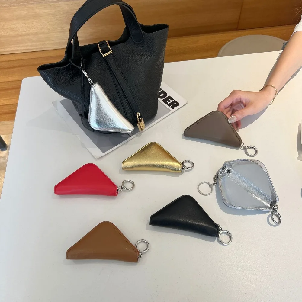 Cowhide Niche Personalized Triangular Key Bag Fashionable Short Mini Compact Storage Jewelry Bag Earphone Simple High Fashion