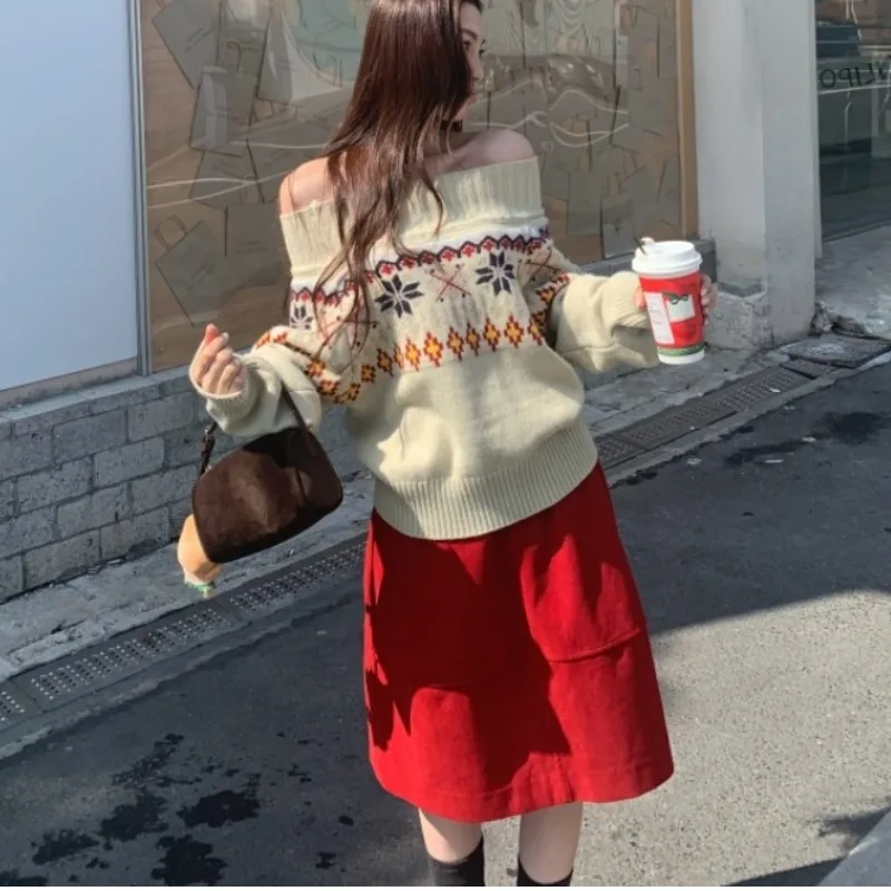 High Waist Corduroy Midi Skirt for Women Cisas Red Versatile Faionable Autumn Winter Design kets Ci Commute