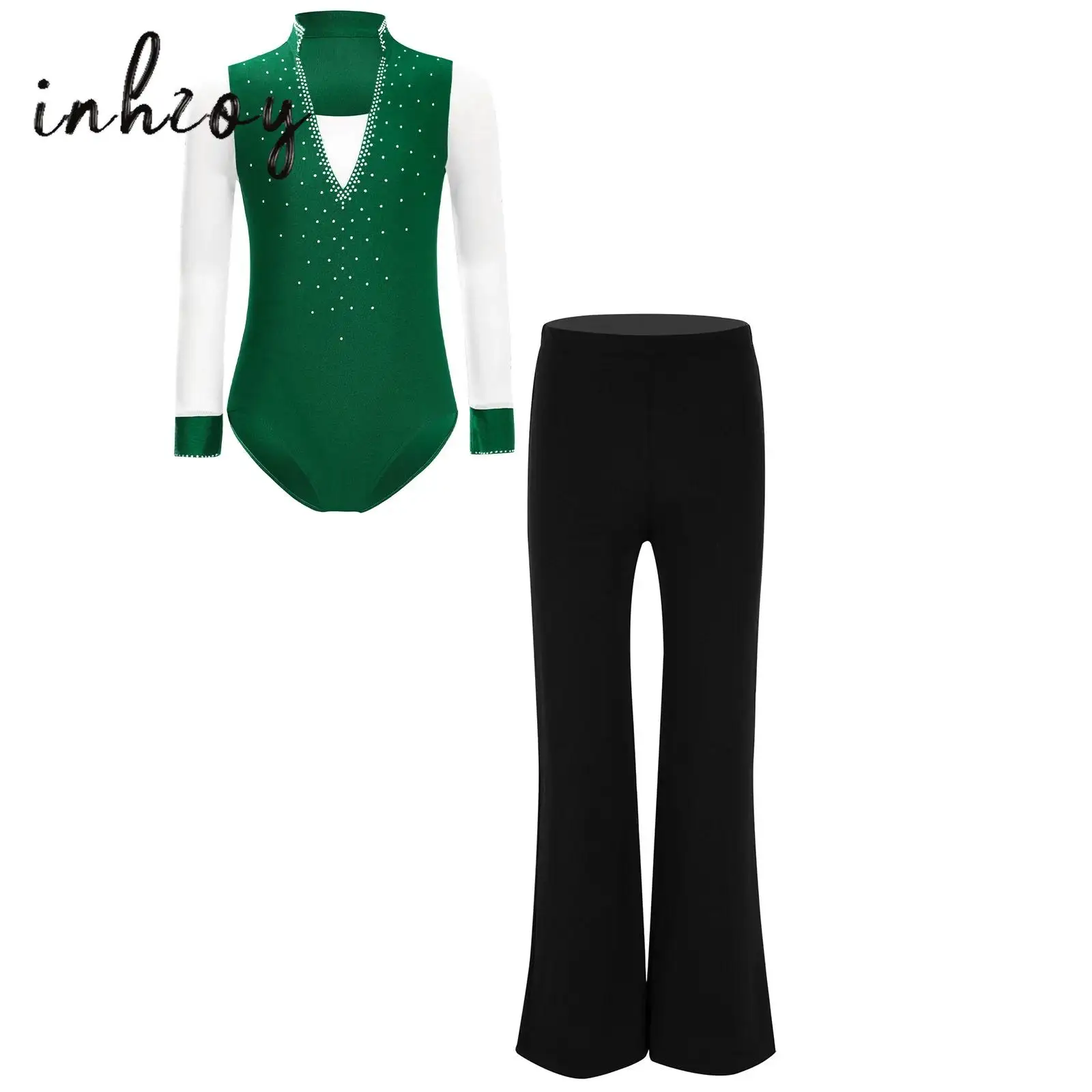 

Kids Boys Figure Skating Costume 2Pcs/Set Sheer Mesh Long Sleeve Shiny Rhinestone Leotard+Pants Jazz Latin Performance Dancewear