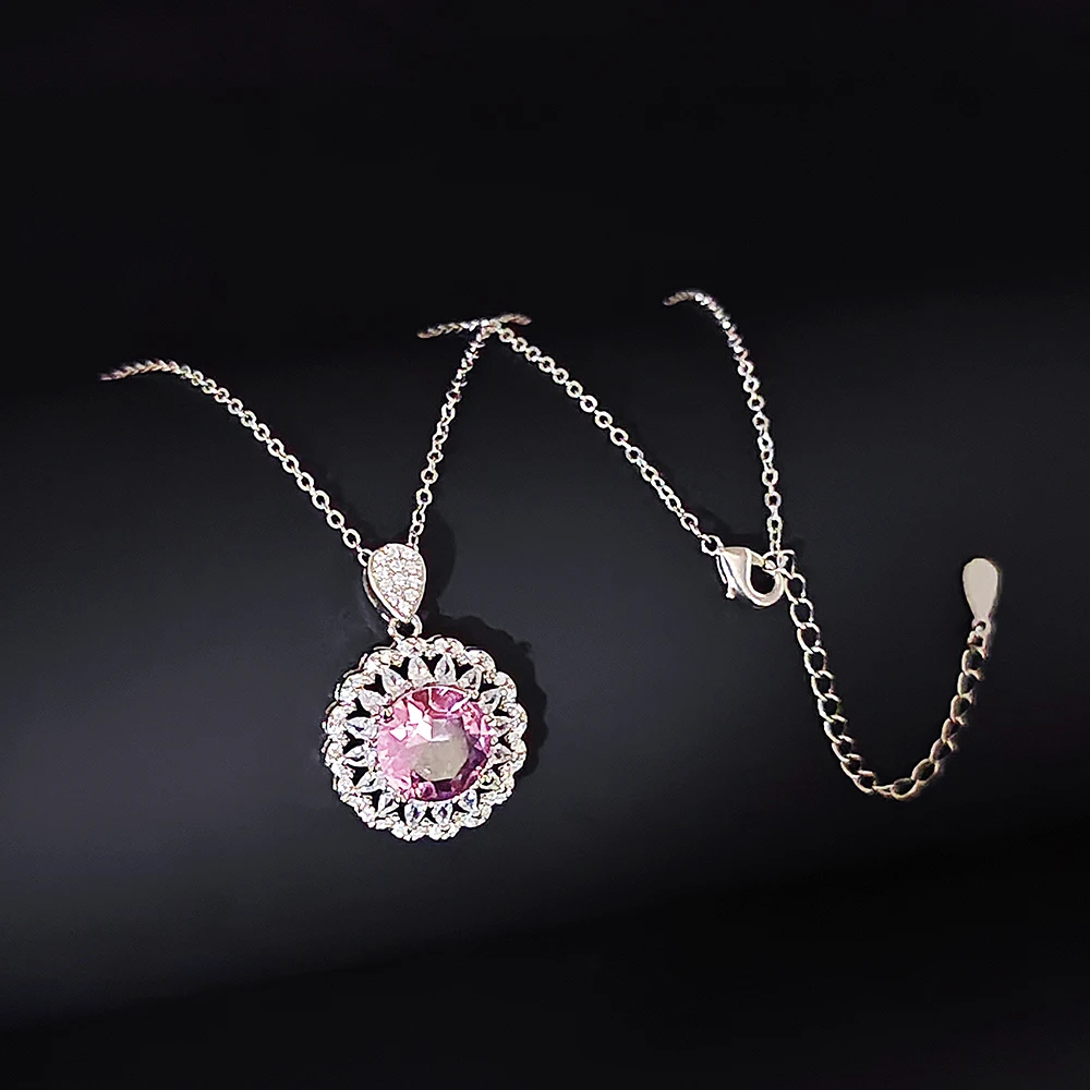 2023 New Luxury Halo Silver Color Pink on The Neck  Pendant Necklaces for Women Lady Anniversary Gift Jewelry Wholesale X8101