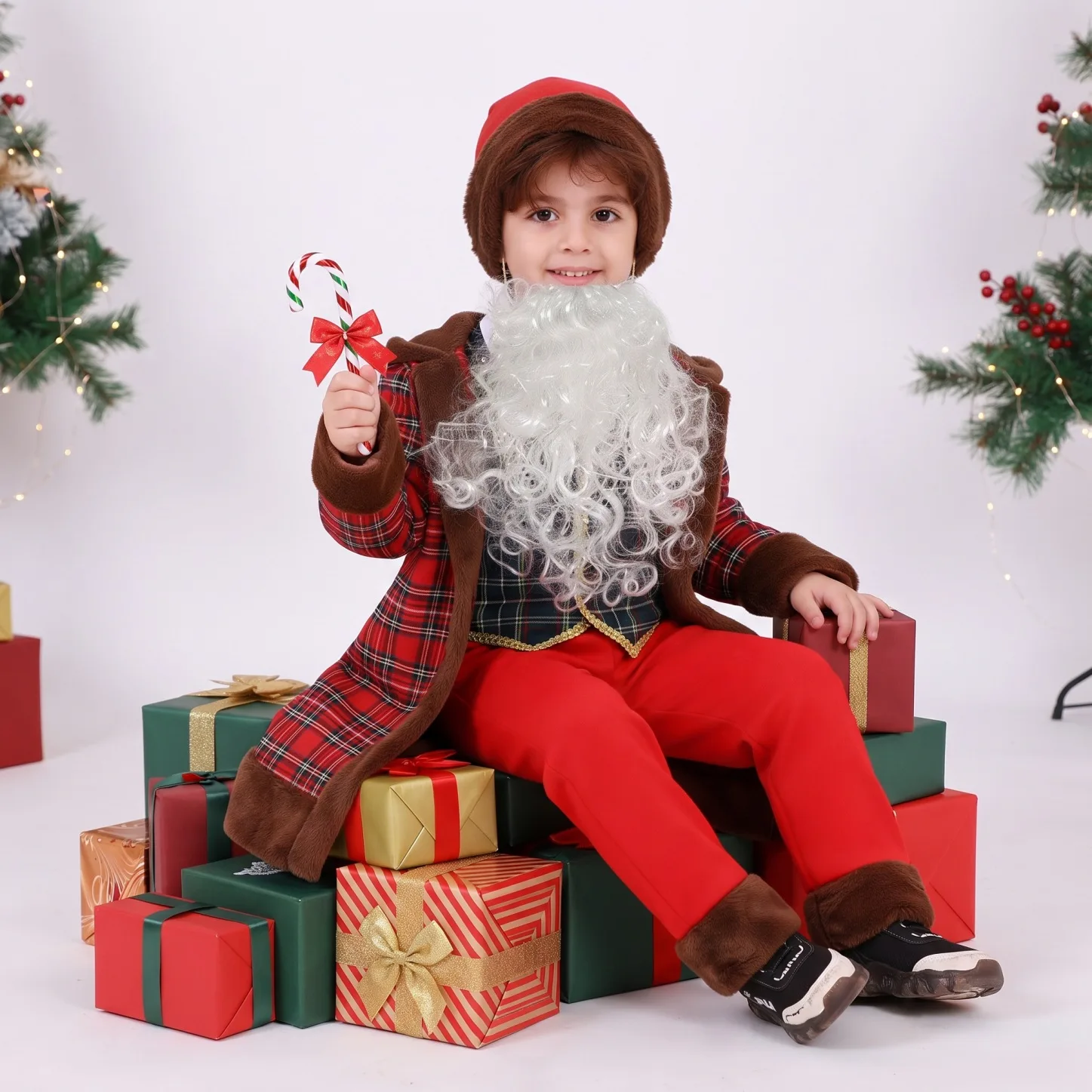 Funny Children Santa Claus Performance Costumes Robes Pants Vests Hats Beards Cosplay Outfits School Party Performance Attire