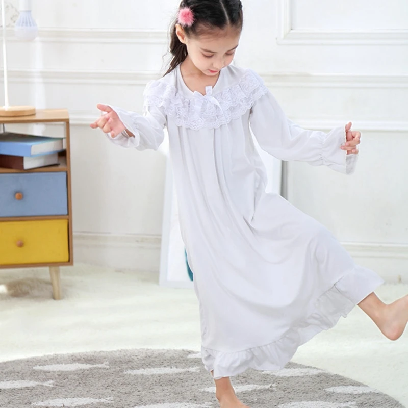 Autumn Girl velvet Vintage Princess Nightgown Sleepwear Children Pajama Dress Double-sided Plush Long Sleeve Bow Lace Nightdress