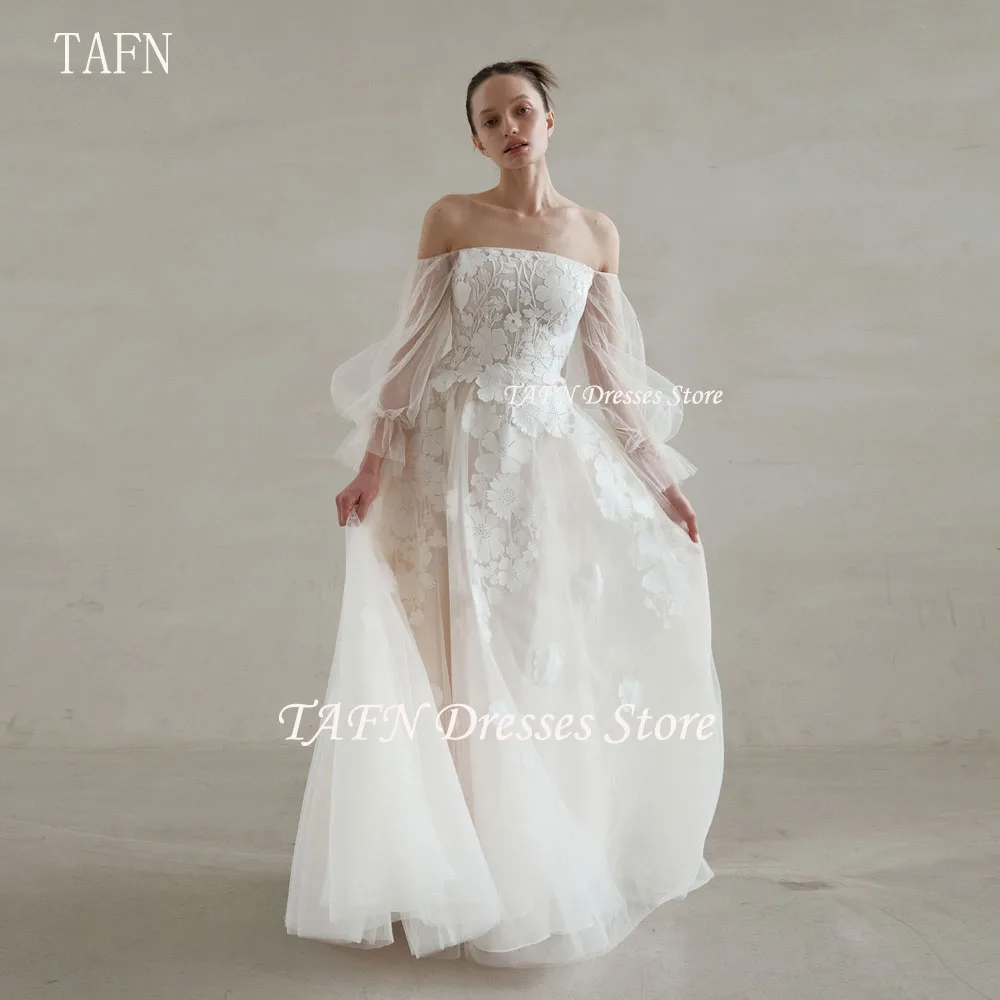 

TAFN Korea Wedding Dresses Floral Lace Boat Neck Off the Shoulder Long Sleeves Bridal Gown A-line Photo Shoot Dresses