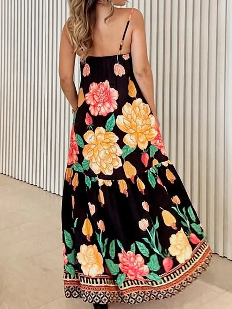 Vestido de fiesta elegante con tirantes finos para mujer, vestido largo con estampado de almazuela y cuello cuadrado, vestido sencillo sin mangas para mujer 2025