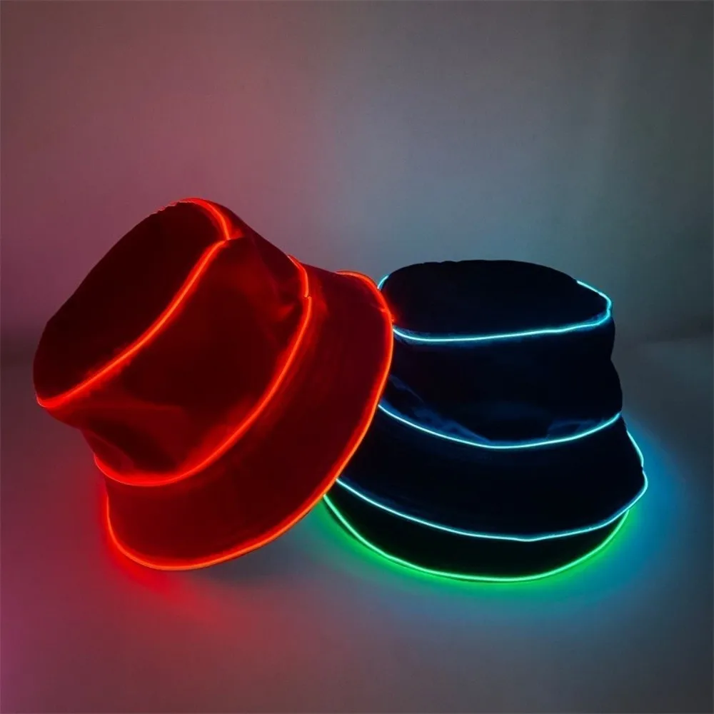 Simple Battery Powered LED Bucket Hat Flashing Modes Solid Color Luminous Hat Colorful Korean Style Flashing Glow Hat Men