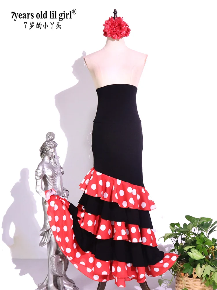 Spanish Flamenco Skirt  Woman  Black stretch  Lycra Combined With Dot Skirt DTT89