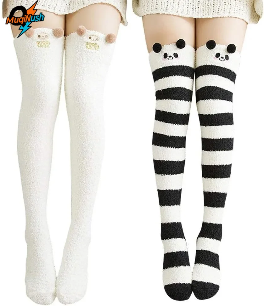 

MuqiNush 1 Pair Over Knee High Fuzzy Socks Cute Thigh High Stockings Warm Stripe Leg Warmers Winter Socks For Cosplay Daily