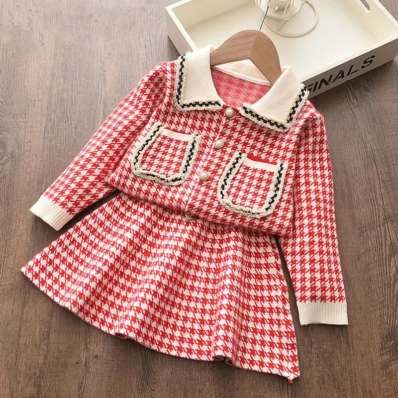 Girls Winter Clothes Set Autumn Plaid Sweater Cardigan and Skirts 2Pcs Baby Girls Clothes Outfits for Children ClothingChristmas