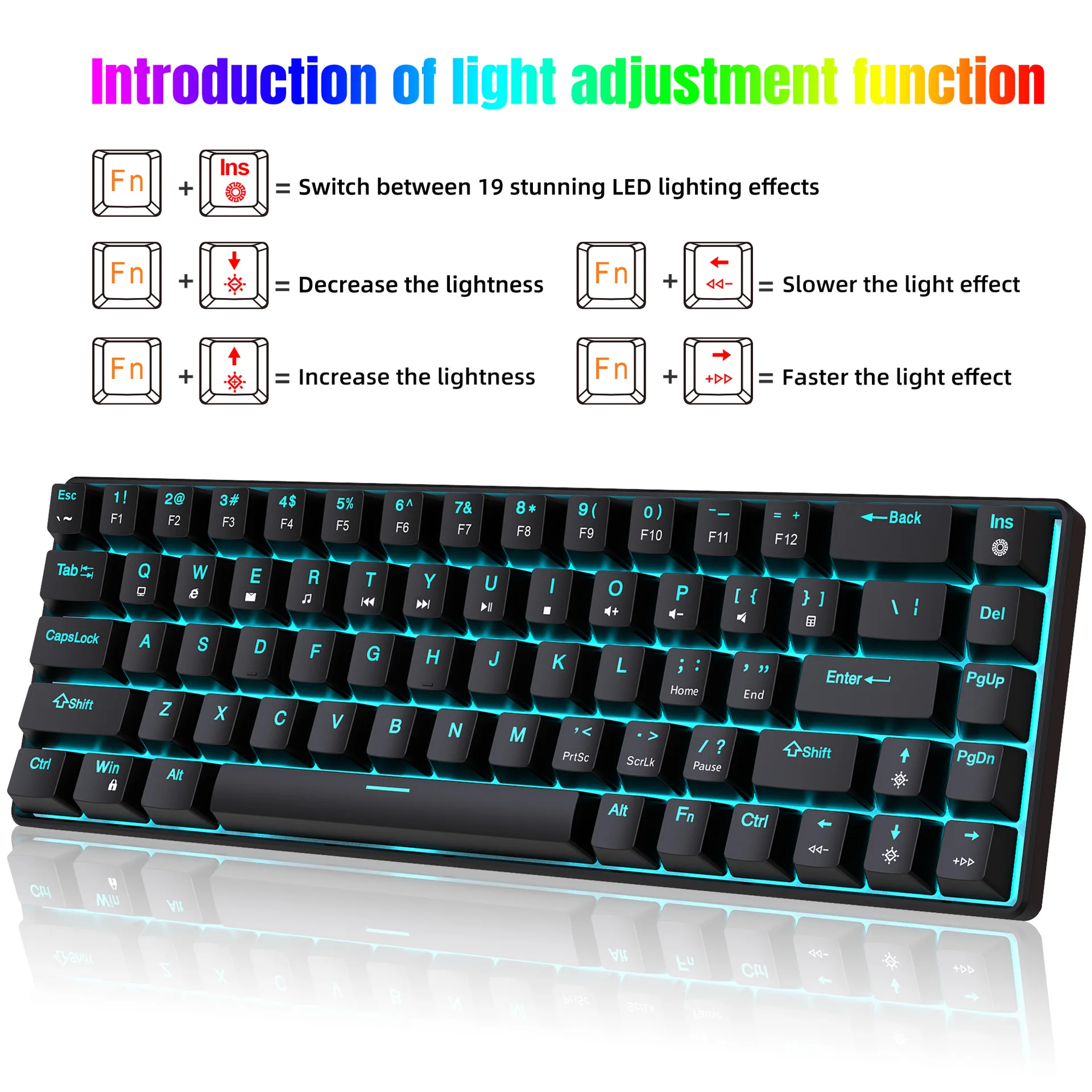 68 key mechanical gaming keyboard plug-in axis design dual color injection molded keycaps ice blue light