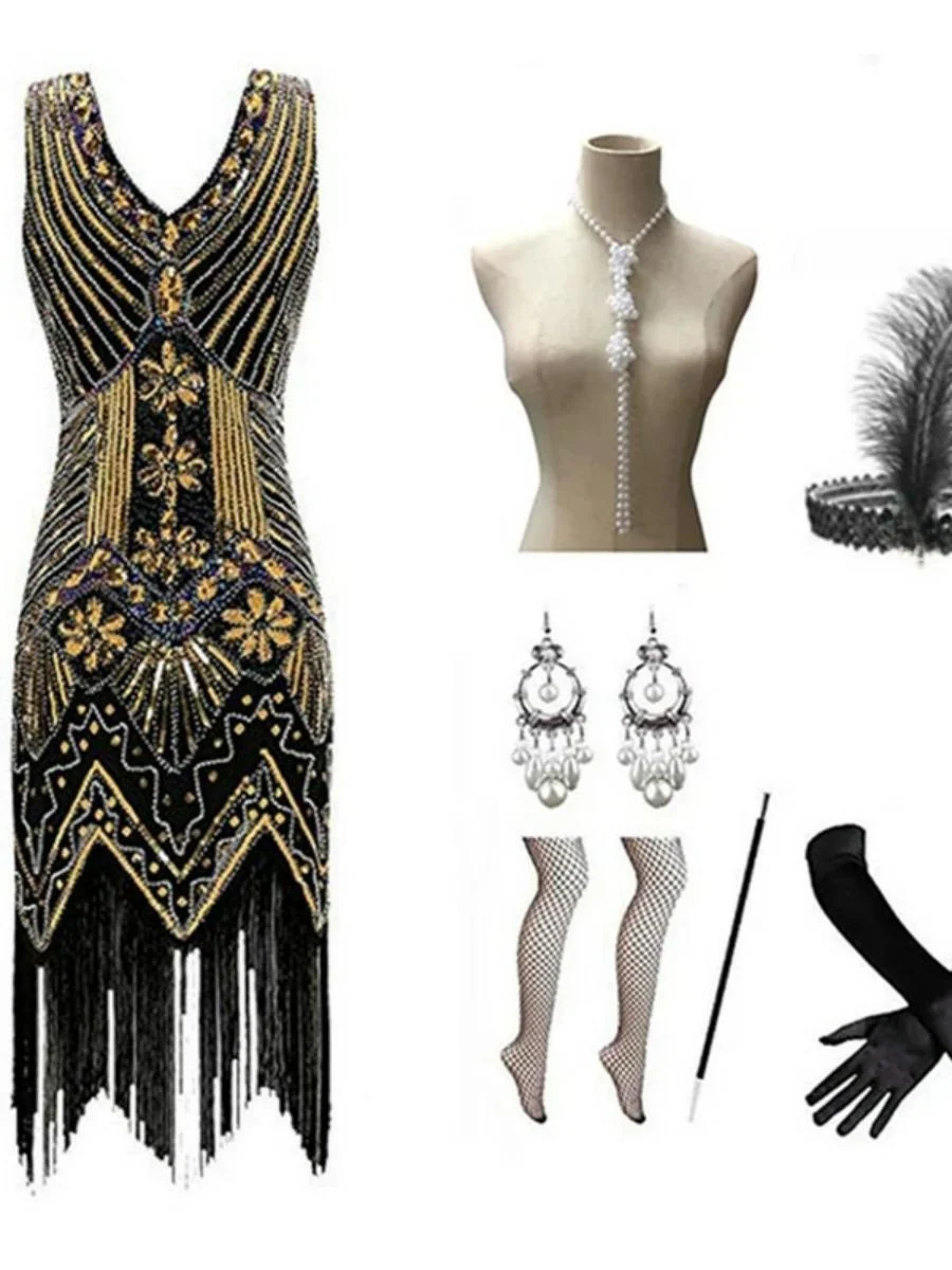 

Ретро 920-х годов Гэтсби Dr юбка с блестками и кисточками женская одежда с тяжелой вышивкой вечернее платье с высокой талией