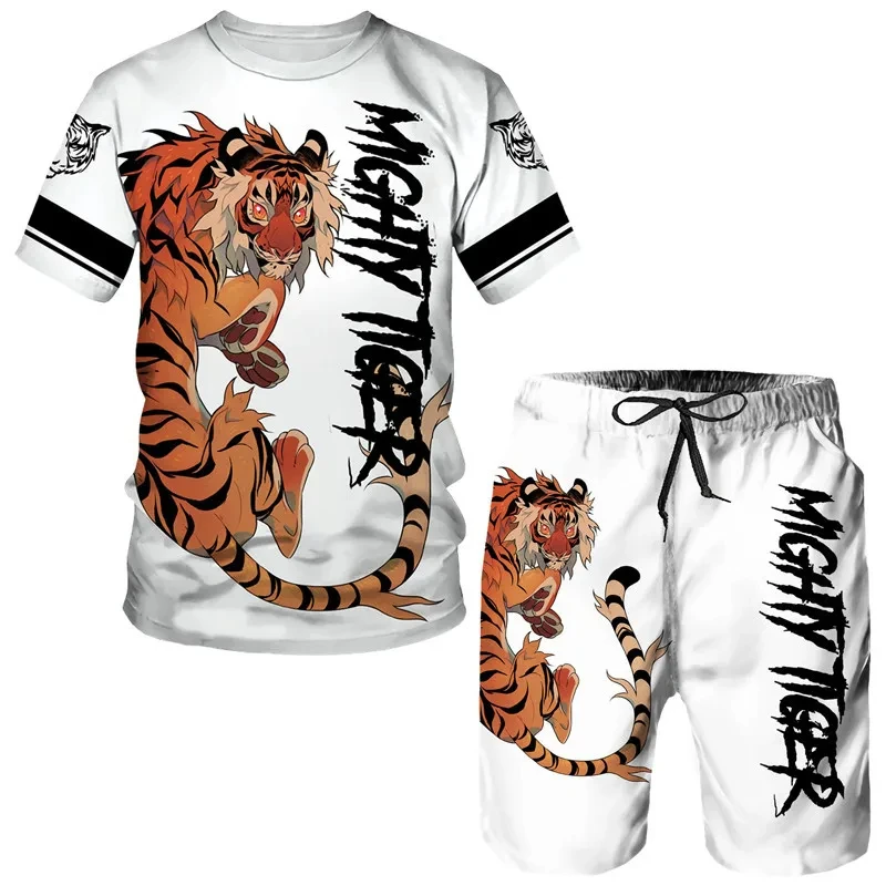 Tiger Animal 3D Print T-Shirt Summer Street Tracksuit Short Sleeve Men\'s Clothing Round Men Shorts Neck Casual Tops Pants Set