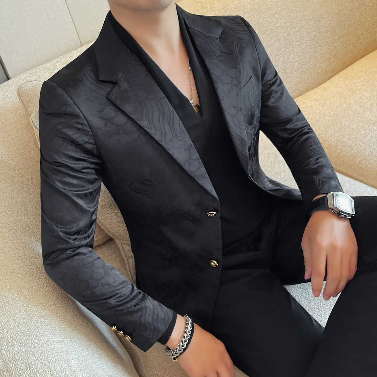 

Men's Korean Style Floral Print Suit Jacket - Black Slim Fit Blazer Business Casual Premium Textured Design Classic Print Blazer