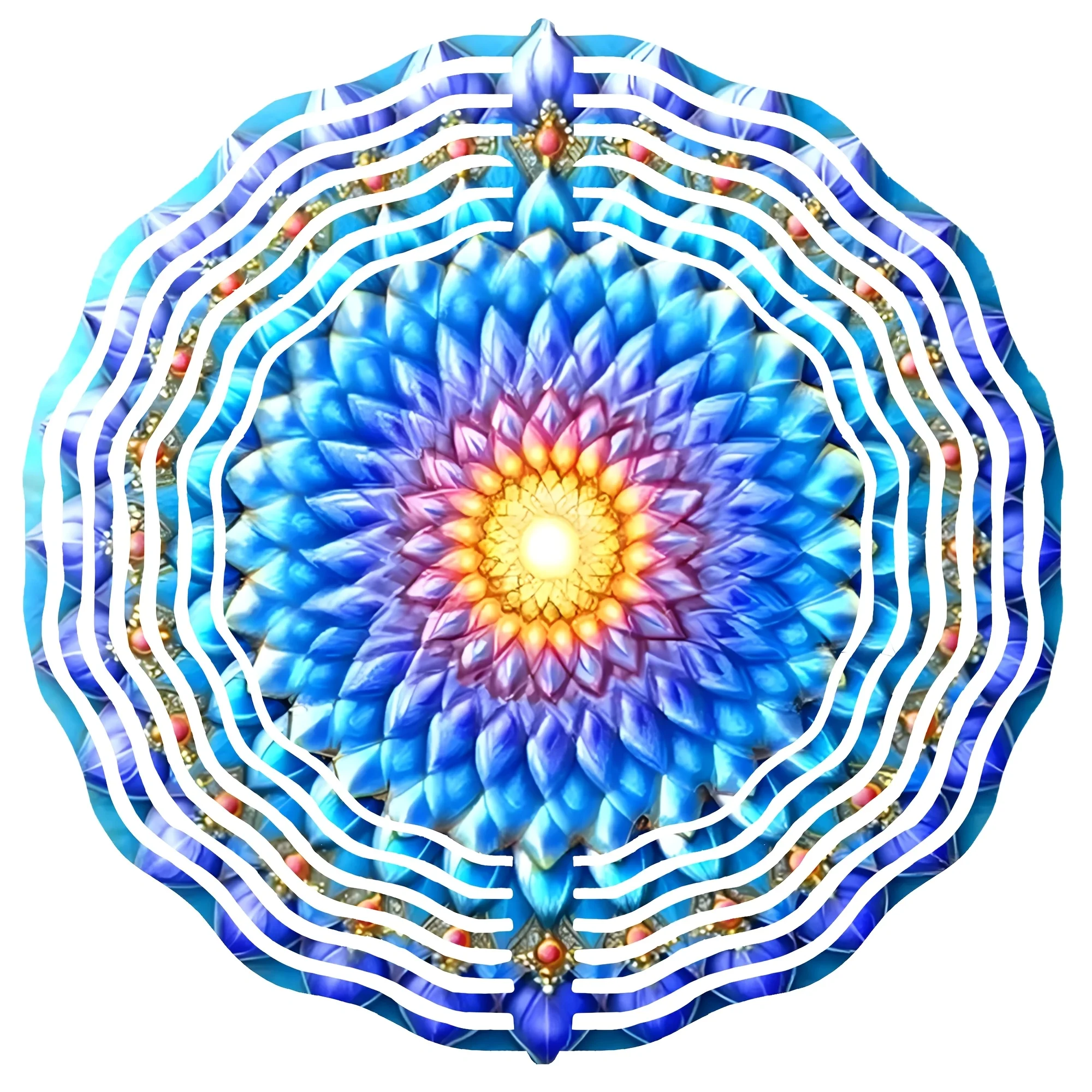 3D Blue Petal Mandala Wind Chime - Yellow Glowing Center for Meditation Patio Balcony Calm Yoga Spiritual Gift