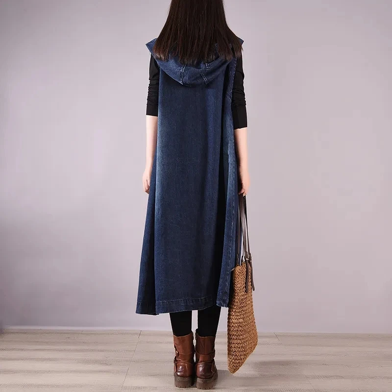 2023 Spring Autumn Vintage Denim Vest Women\'s Long Hooded Sleeveless Waistcoat Jacket Korean Large Size Jeans Windbreaker Coat