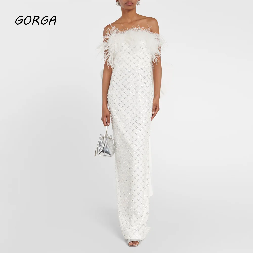 GORGA Sexy Feathers Strapless Mermaid 2024 Slim Backless Lace Ocassion Gown Bow Floor-Length Evening Dressفستان سهرة نسائي