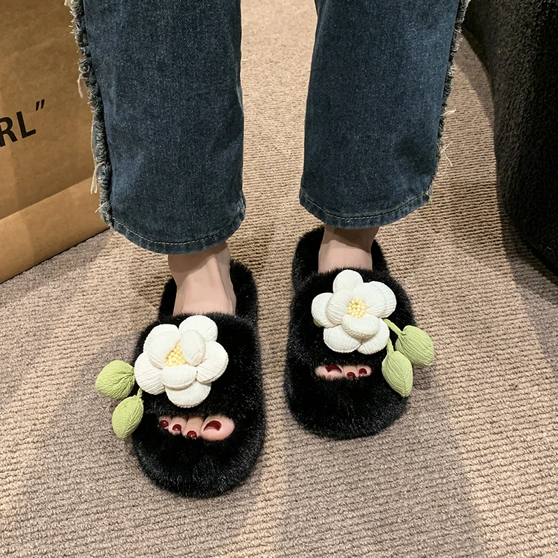 Women's Platform Slippers Winter New Three-dimensional Flower Slippers Comfortable Simple Warm Non-slip House Slippers