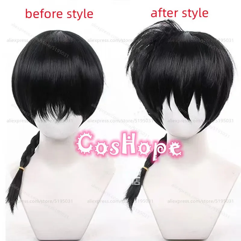Ranma1⁄2 Ranma 50 cm Medio Largo Pelo Pre Trenzado Peluca Negra Anime Cosplay Pelucas Sintéticas Resistentes Al Calor