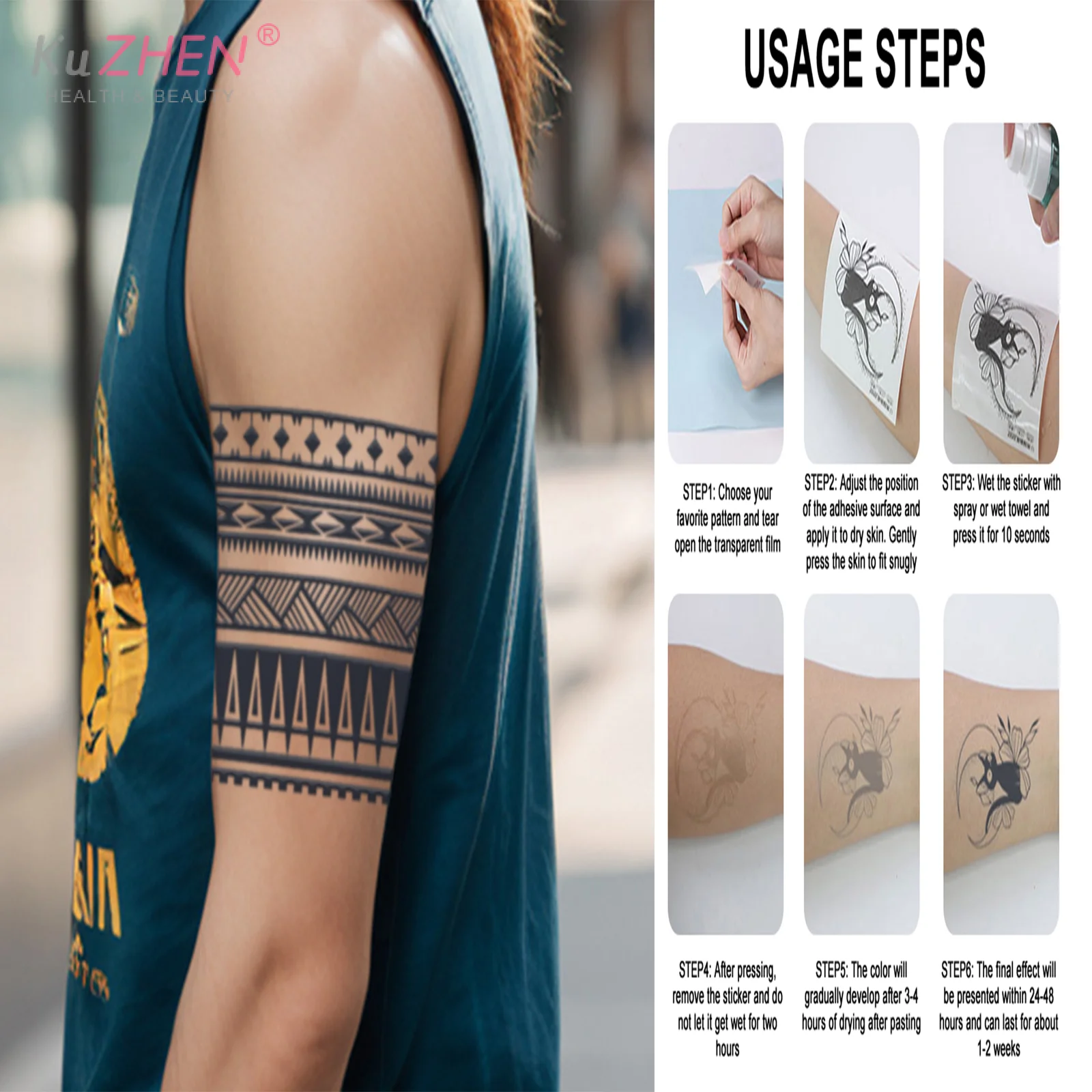 1 قطعة سوار نمط هندسي مقاوم للماء الذراع الفرقة الوشم المؤقت ، دائم 1-2 أسابيع ، الوشم وهمية واقعية شبه دائمة #1