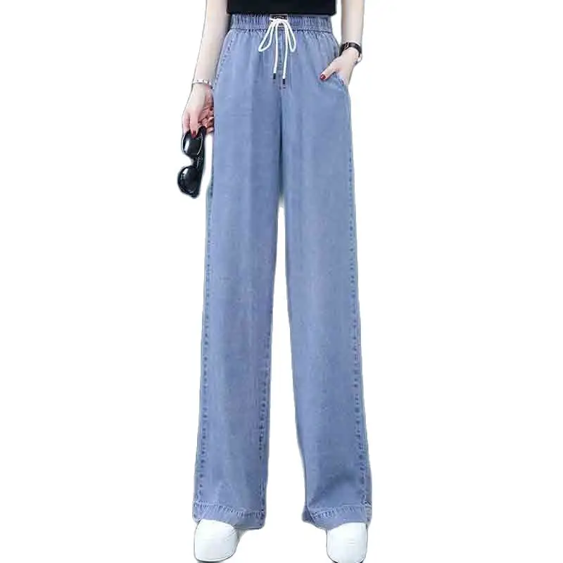 

Summer Thin Solid Color Fashion Denim Wide-leg Trousers High Waist Loose Straight Slim Women's Long Casual Pants