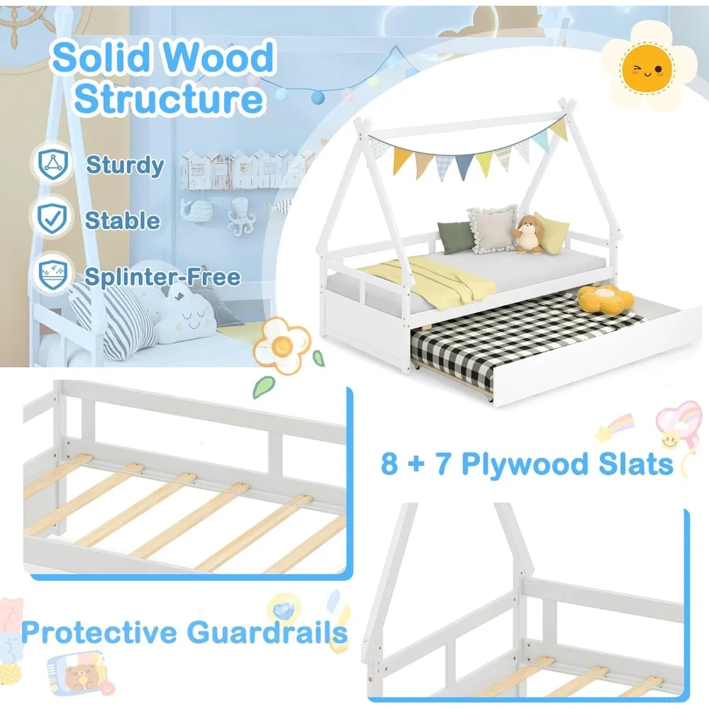 سرير منزلي خشبي مزدوج الحجم مع دولاب، سرير نهاري للأطفال بإطار من الخشب الصلب، سقف، درابزين أمان ودعم شريحة خشبية، P