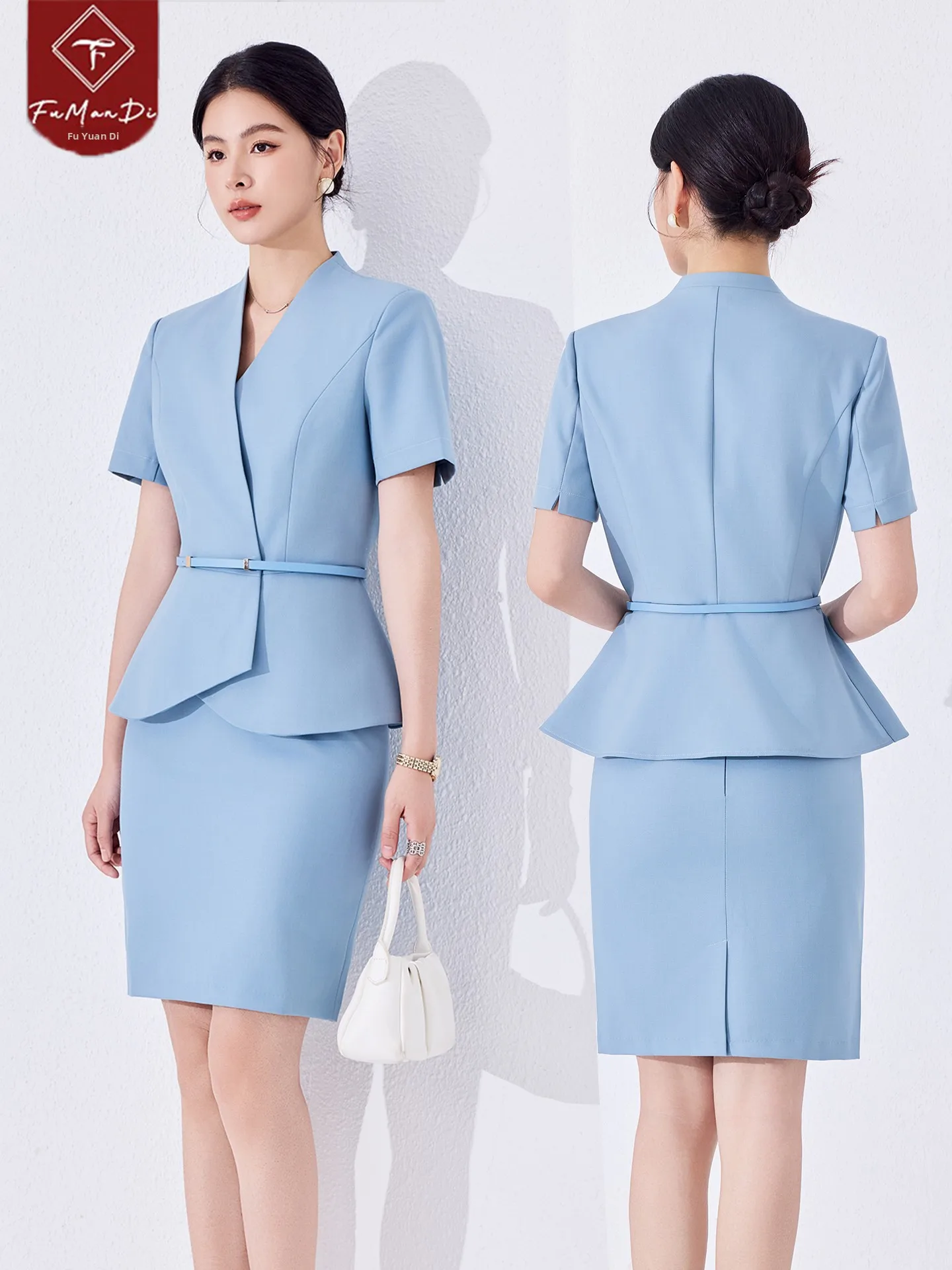Women's Business Suit Set Waist-Cinching Short Sleeve V-neck Front Desk Professional Lightweight Summer Workwear Commute Style