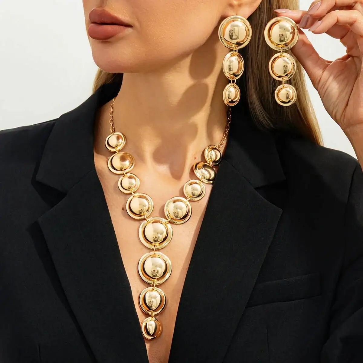 

IngeSight.Z Exaggerated Geometric Smooth Circular Spliced ​​Long Necklace Earrings Set Women Punk Metal Y-shaped Chain Jewelry