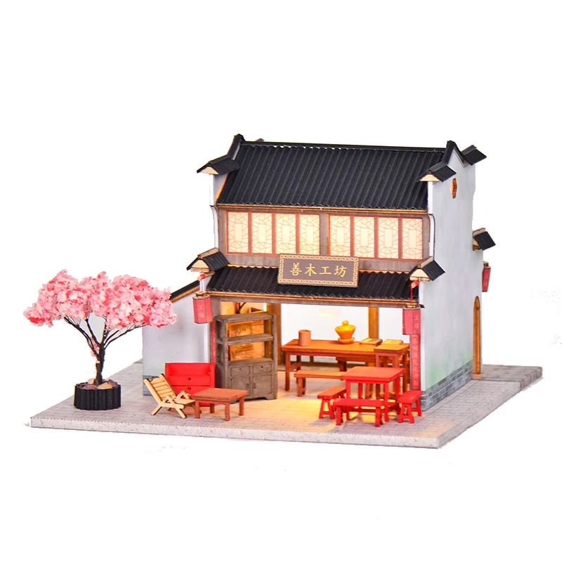 DIY Wooden Casa Doll House Miniature Kits With Furniture Jinangnan Town Street View Stores Villa Dollhouse Toys for Girls Gifts