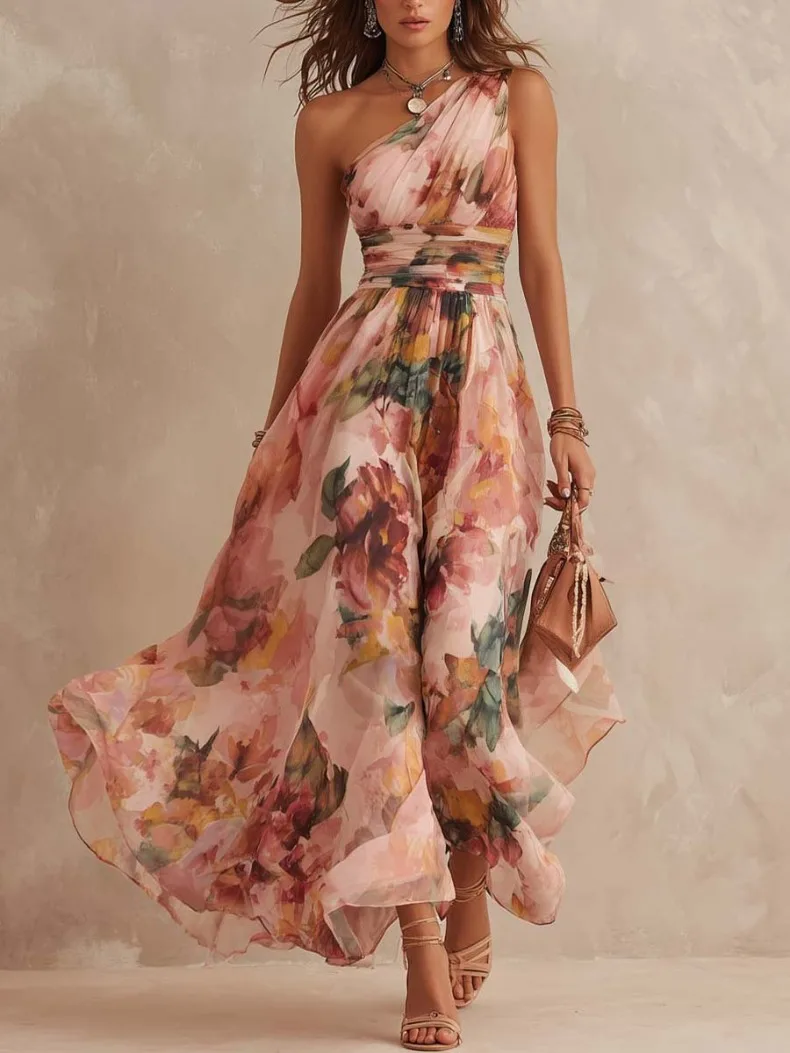 Retro bedrucktes, schulterfreies, ärmelloses A-Linien-Kleid mit Taillenbund für tägliche Partys, Geburtstage, sexy, elegantes langes Damenkleid – Detail 8