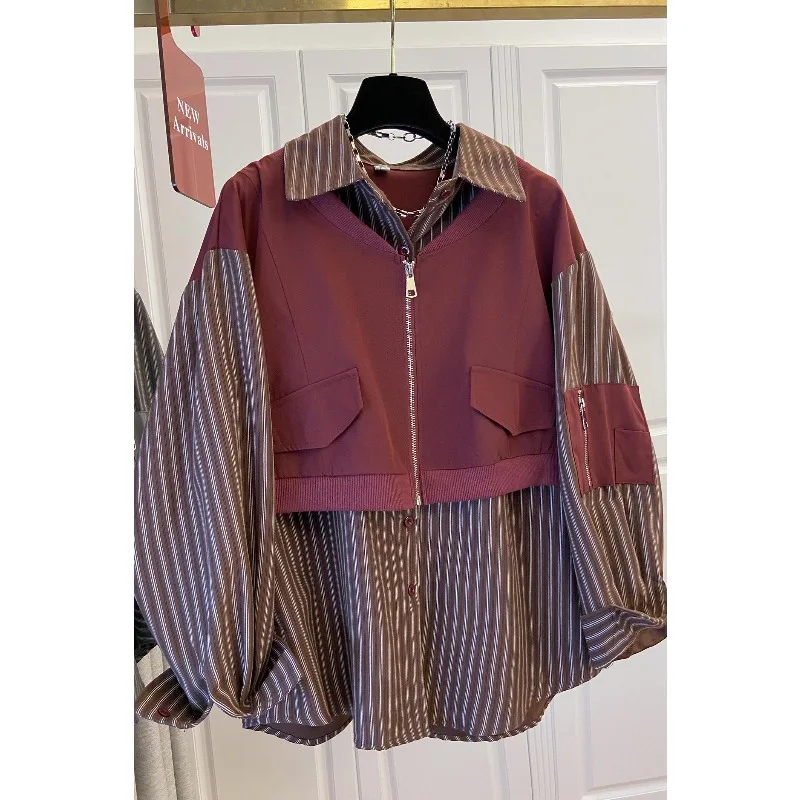 SuperAen Vest Splicing Striped Shirt Women's Clothing Autumn Retro Fake Two-piece Loose Shirt Tops