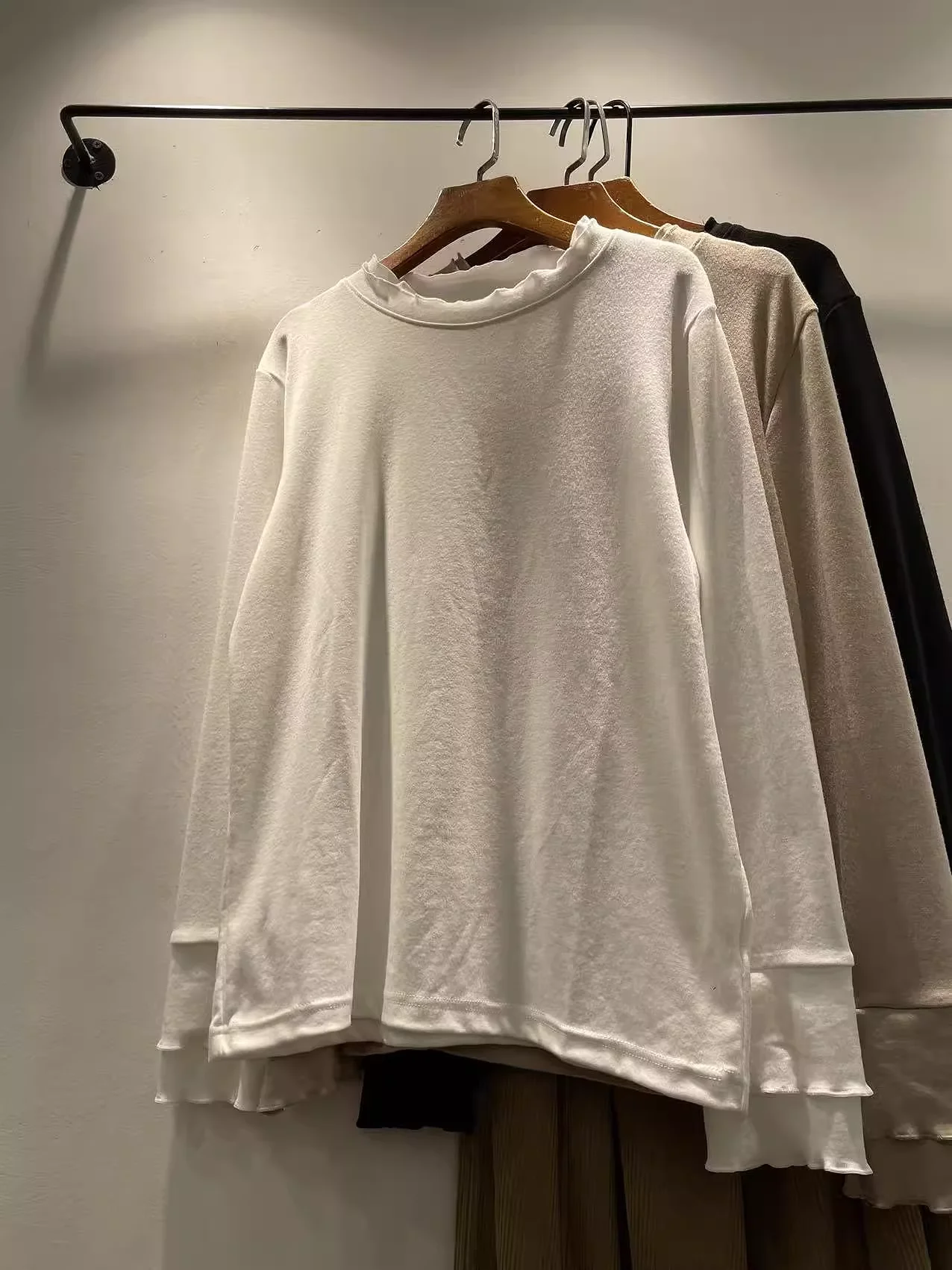 

2026 Mori Girl style cotton brushed solid backing shirts Japanese style sweet semi-high collar solid long sleeve shirts