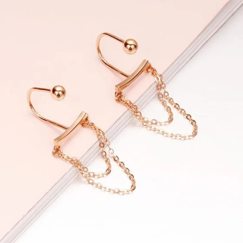 

585 Purple Gold U-shaped Screw Ear Studs Creative Plated 14K Rose Gold Design Chain Tassel Earrings for Women Banquet Jewelry