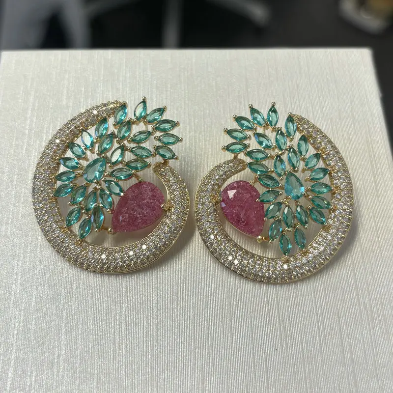 Bilincolor Fashion Green and Pink Cubic Zirconia Round Earring for Women Wedding