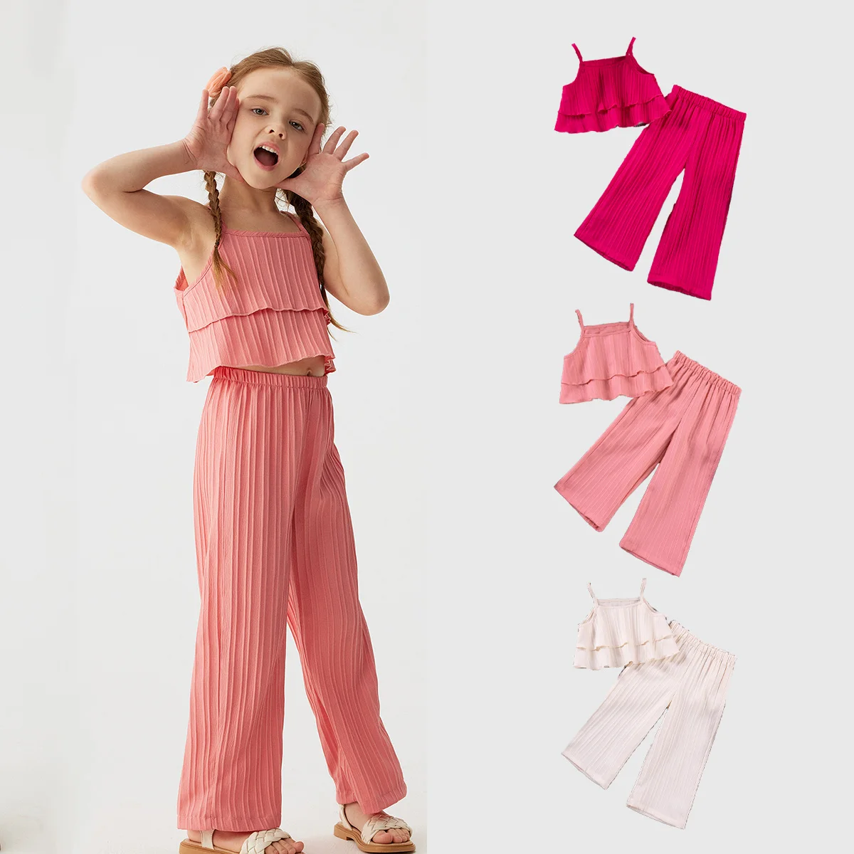 Hot Sale Summer Girls Solid Color Suit Halter Wide Leg Pants 2 Pieces Set Wave Striped Hundred Comfortable Clothing 1-5T