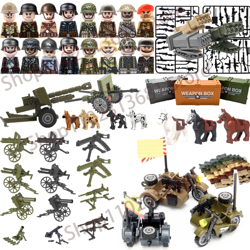 Military Guns Cannon Weapon Building Blocks WW2 Army Soldier Figure Maxim Gun Rocket Artillery Howitzer Sandbag Bricks Toys