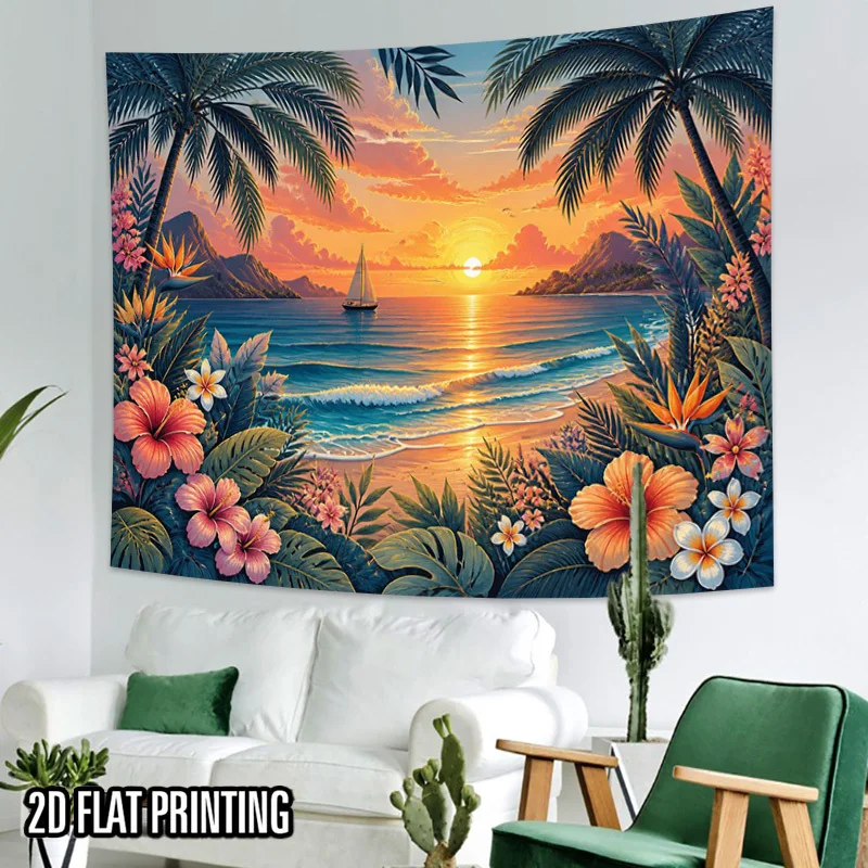 Hawaiian Seaside Sunset Tapestry Ocean Wave Palm Floral Wall Hanging, Island Scenery Tapestry Room Photo Background Decor