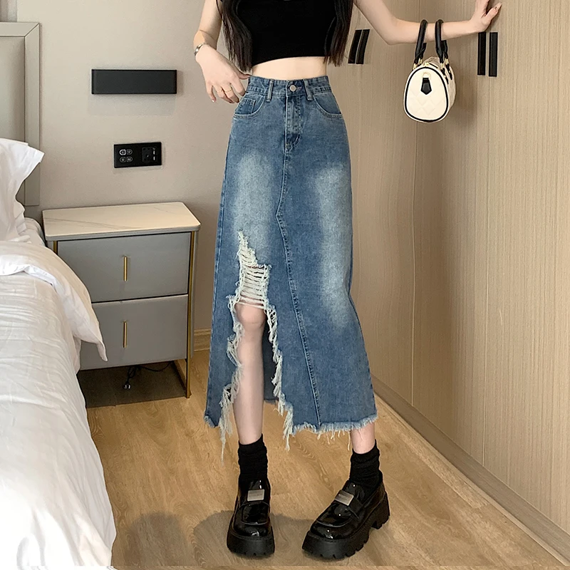 

New Fashion Sexy Irregular Fur-lined Y2k Skirt Women Clothing Ladies Casual Medium-long Jean Skirt Female Girls Denim Skirts B