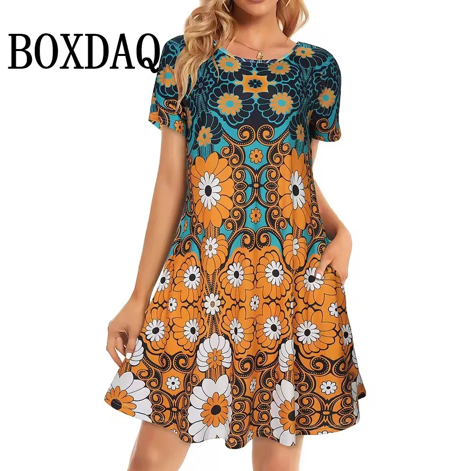 New 2025 Summer Women's Dresses 3D Vintage Floral Print Short Sleeve Fashion Loose Pockets Lady Plus Size Vacation Beach Dresses