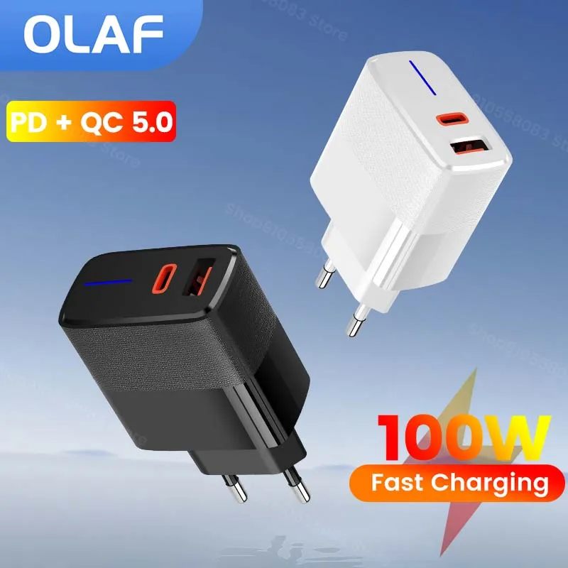 OlPG-Chargeur USB de type C 100W QC 5.0 PD, charge rapide, adaptateur pour téléphone portable, compatible avec iPhone Xiaomi Samsung Huawei