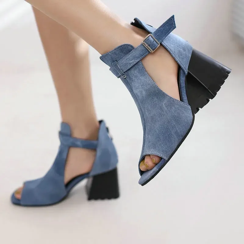 Extra Big Size 47 48 13 Woman Summer Shoes Denim Jeans Flock Peep Toe Chunky Heels Yellow Leopard Buckle Designer Sandals Lady