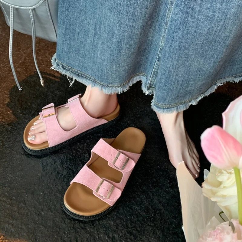 NEW Summer Women Slippers Sheep Suede Leather Shoes for Women Round Toe Thick Heel Shoes Csaual Belt Buckle Shoes Flat Sandals