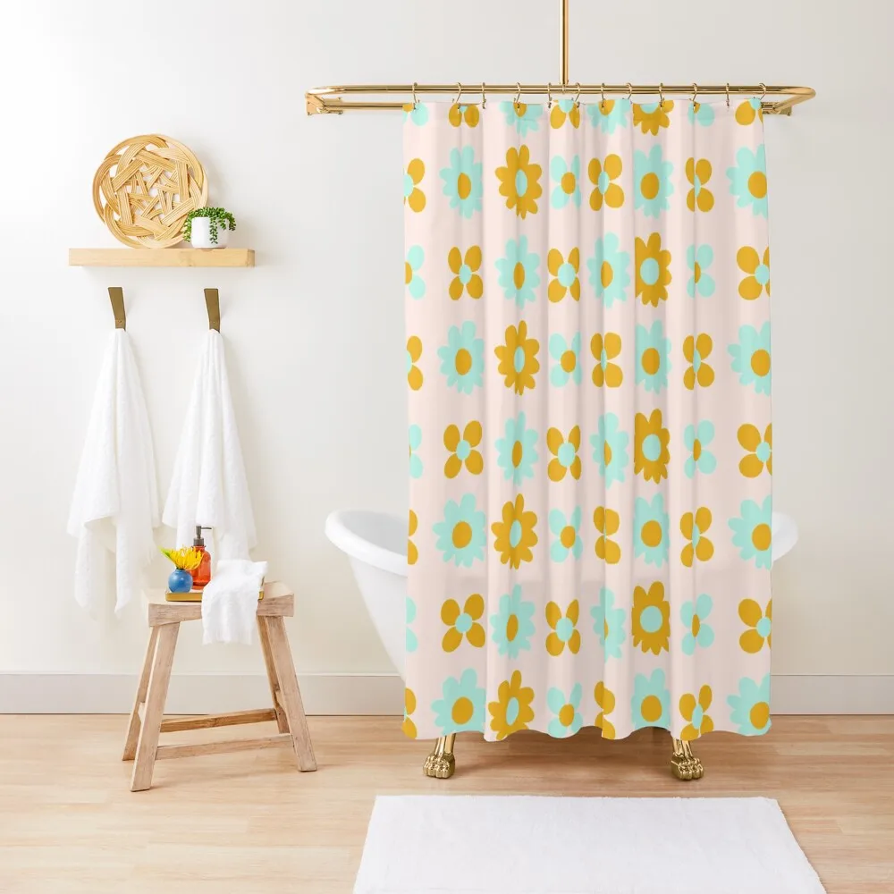 

Cheerful Flowers 7 in Mustard Yellow and Mint Aqua Teal on Light Blush Pink. Cute Minimalist Floral Pattern Shower Curtain