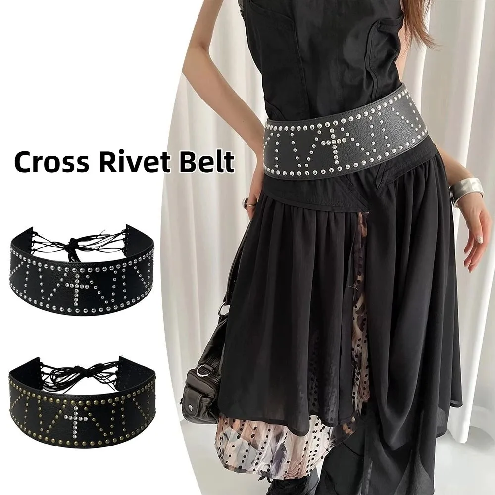 

American Vintage Cross Rivet Belt Wide Heavy-Duty Leather Waist Belt Y2k Black Women's Dress Belt Waist Accessories